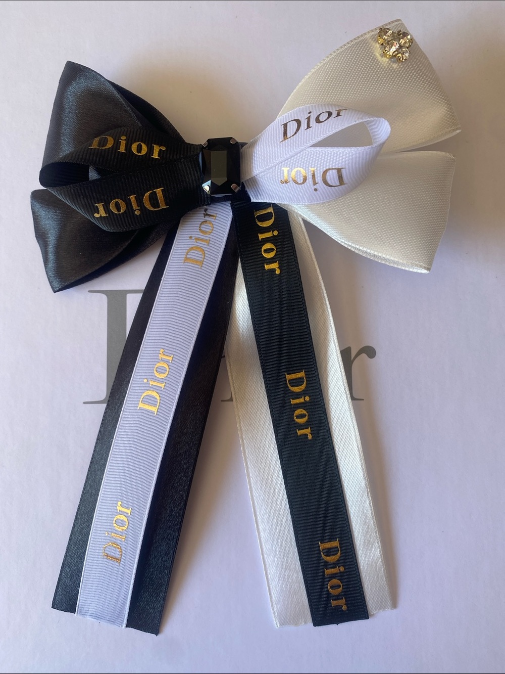 Dior Black, White and Gold Logo Ribbon Bow Hair Clip Handmade